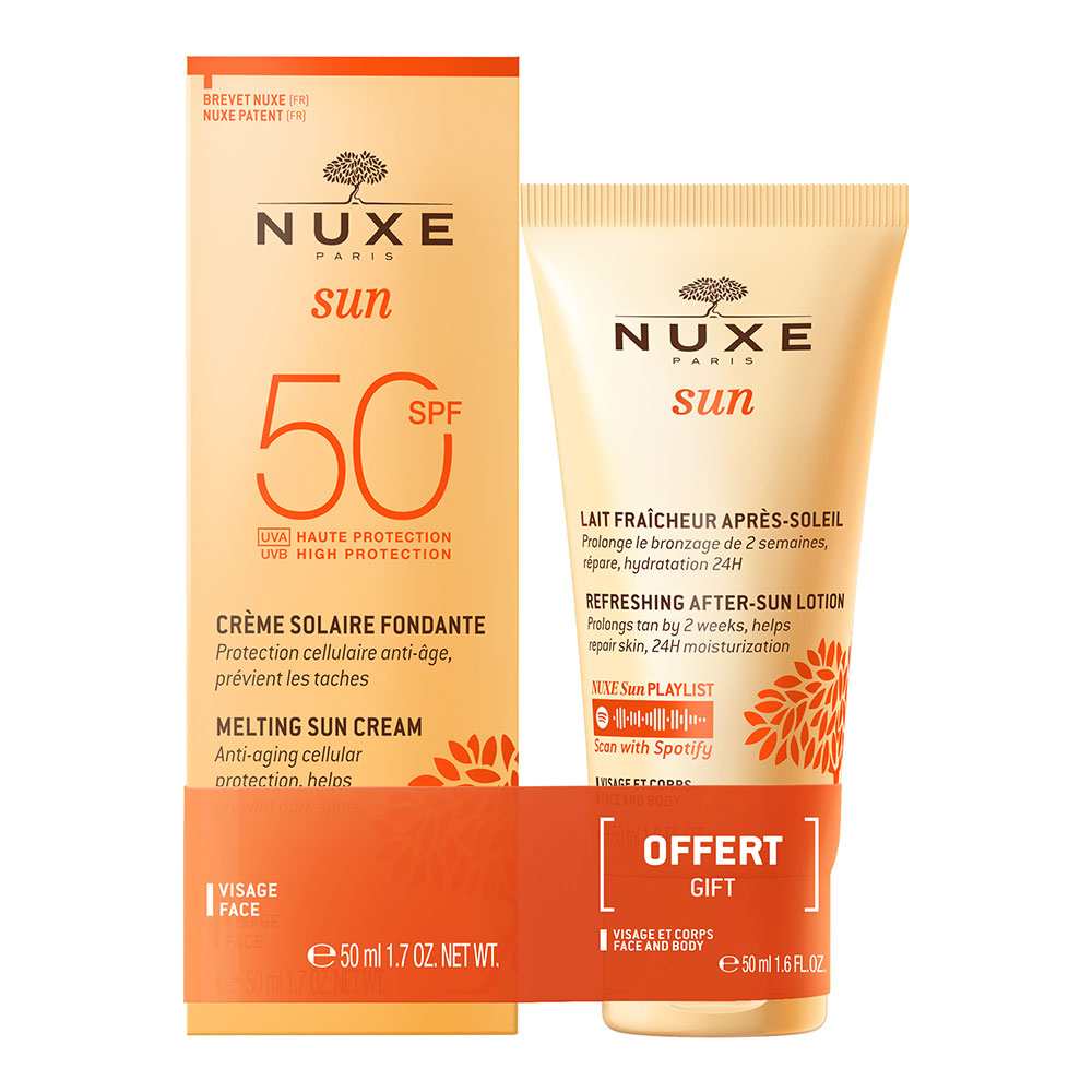 Nuxe Sun Crema fundente facial alta protección SPF50 50ml + loción aftersun refrescante 50ml
