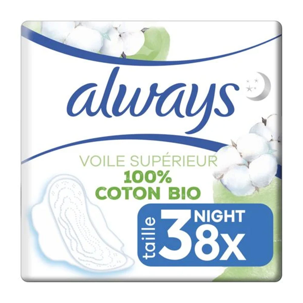 Always Organic Cotton Toallas Ultra Night con alas 100% orgánico