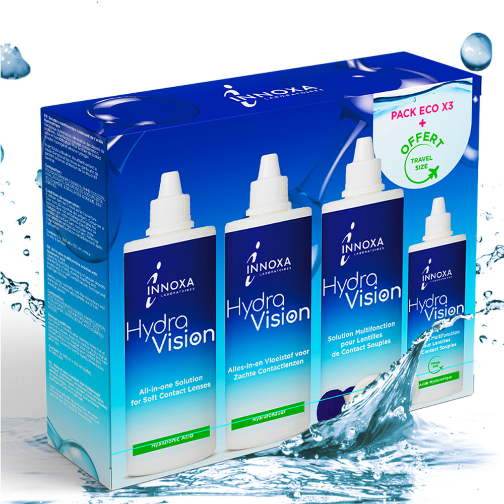 Innoxa HydraVision Solución multifuncional para lentes de contacto blandas para ojos sensibles 3x360ml+100ml