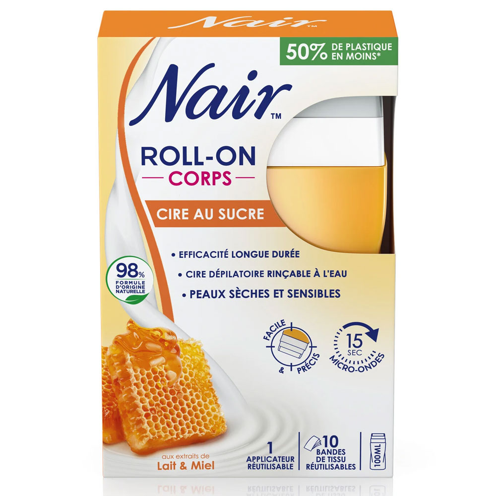 Nair Cera de azúcar Roll On con extractos de leche y miel Piel sensible y seca 100 ml
