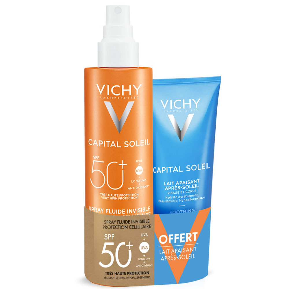 Vichy Capital Soleil Spray fluido invisible protección celular SPF50+ y leche aftersun de regalo