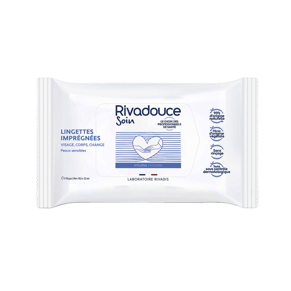 Rivadouce Soin Toallitas impregnadas rostro cuerpo y pañal piel sensible x50
