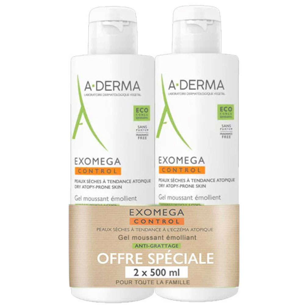 A-Derma Exomega Control Gel espumoso emoliente Peaux A Tendance Atopique 2x500ml
