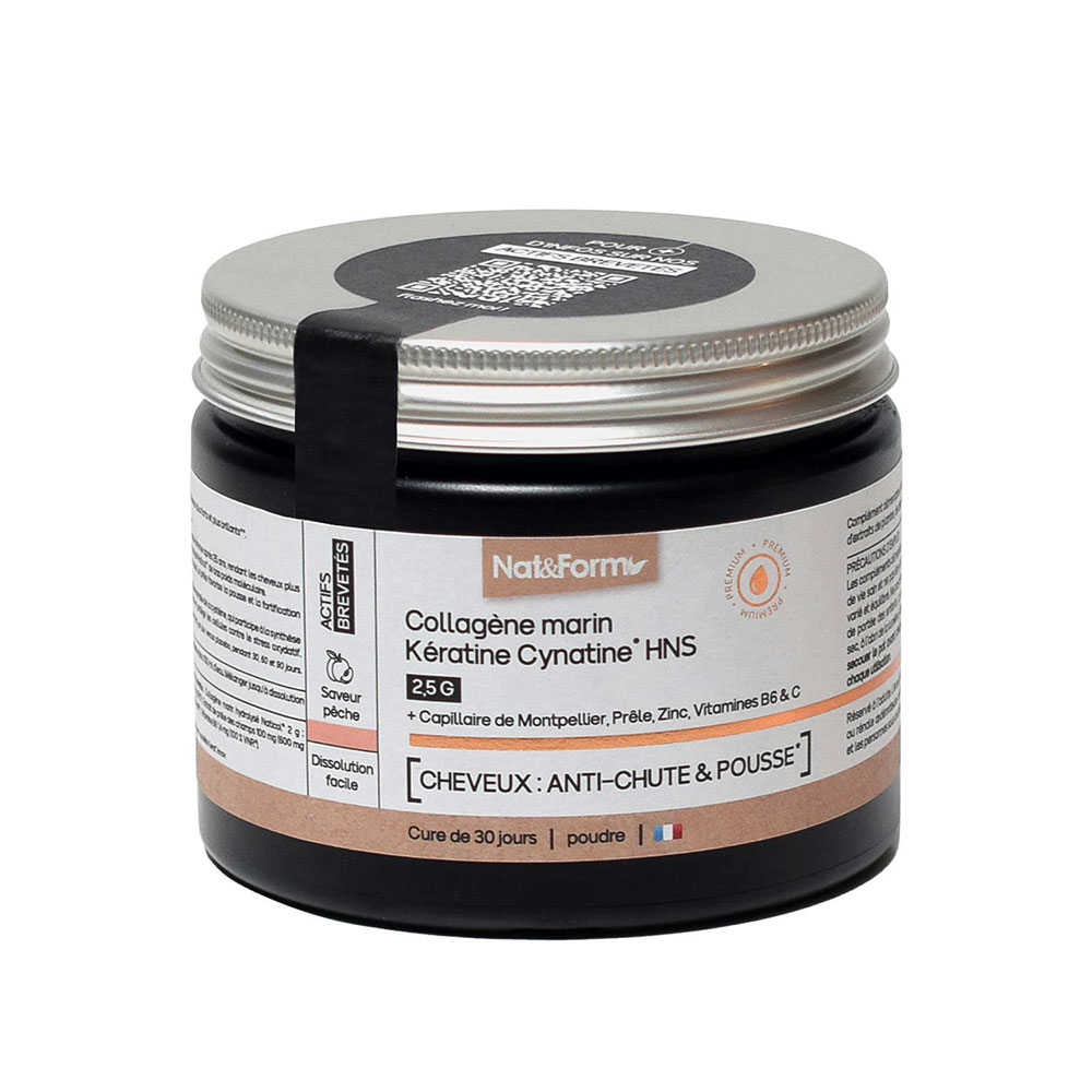 Nat&Form Colágeno Marino Keratina Cynatine HNS 2,5 g cabello anticaída y crecimiento sabor melocotón 120 g