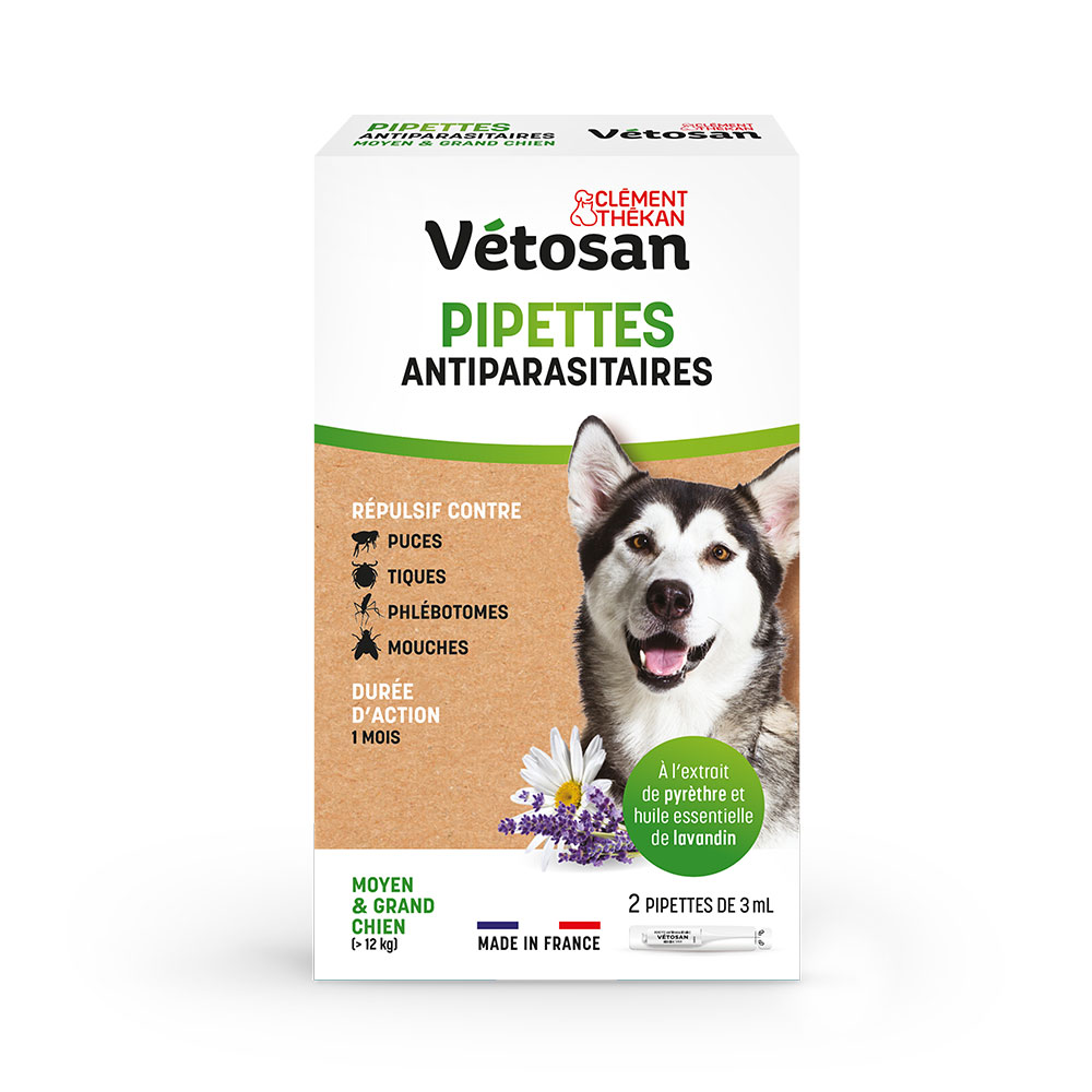 Clement-Thekan Vétosan Anti pulgas y garrapatas perros medianos y grandes 2 pipetas de 3ml
