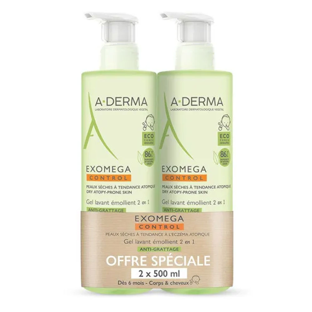 A-Derma Exomega Control Gel limpiador emoliente para el cuerpo y el cabello 2x500ml