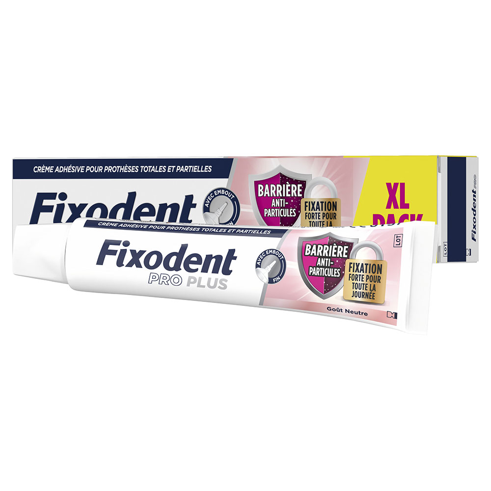 Fixodent Pro plus Crema adhesiva para prótesis totales y parciales barrera antipartículas 57 g
