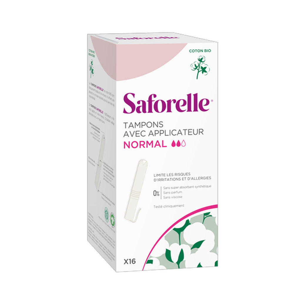 Saforelle Almohadilla normal con aplicadores Algodón orgánico x16
