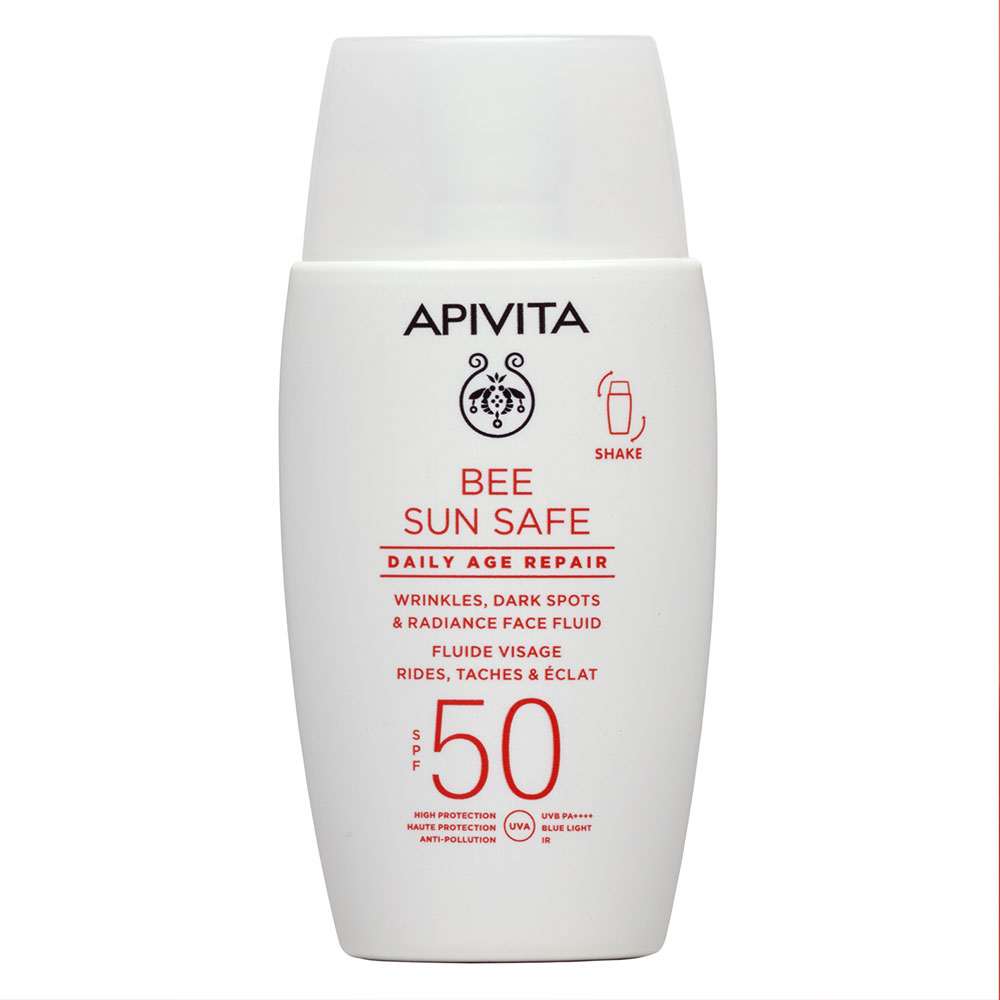 Apivita Bee Sun Safe Fluido reparador antiedad rostro arrugas manchas luminosidad SPF50 50 ml