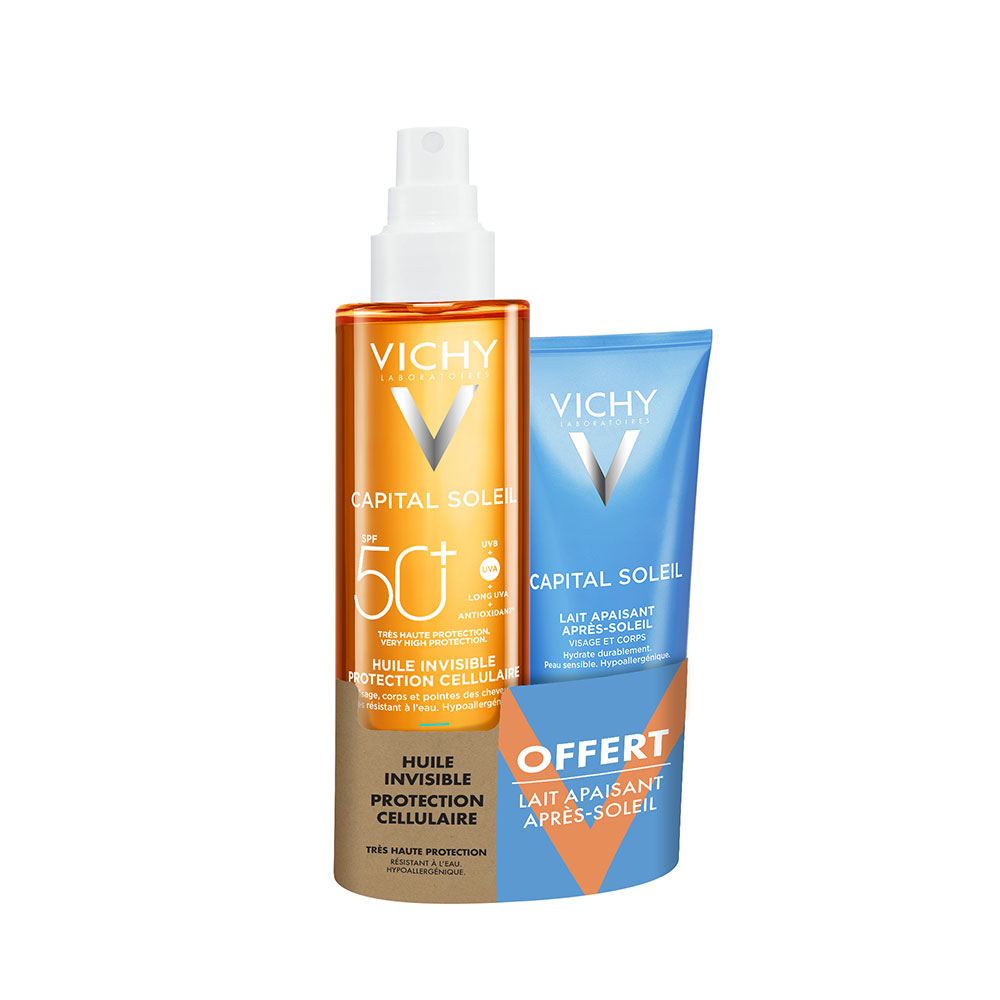 Vichy Capital Soleil Aceite invisible protección celular SPF50+ leche calmante después del sol 300 ml