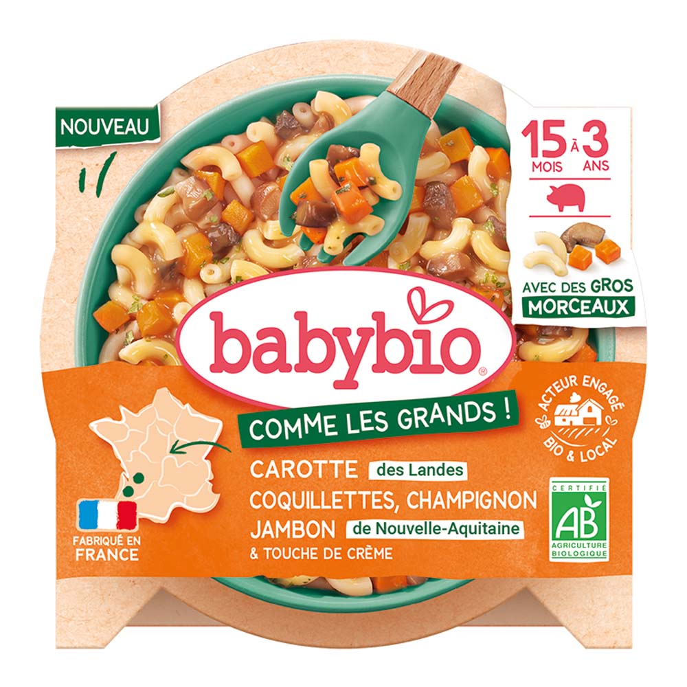 Babybio Menús Zanahorias de Las Landas, coquillettes, champiñón y jamón con trozos grandes 200 g