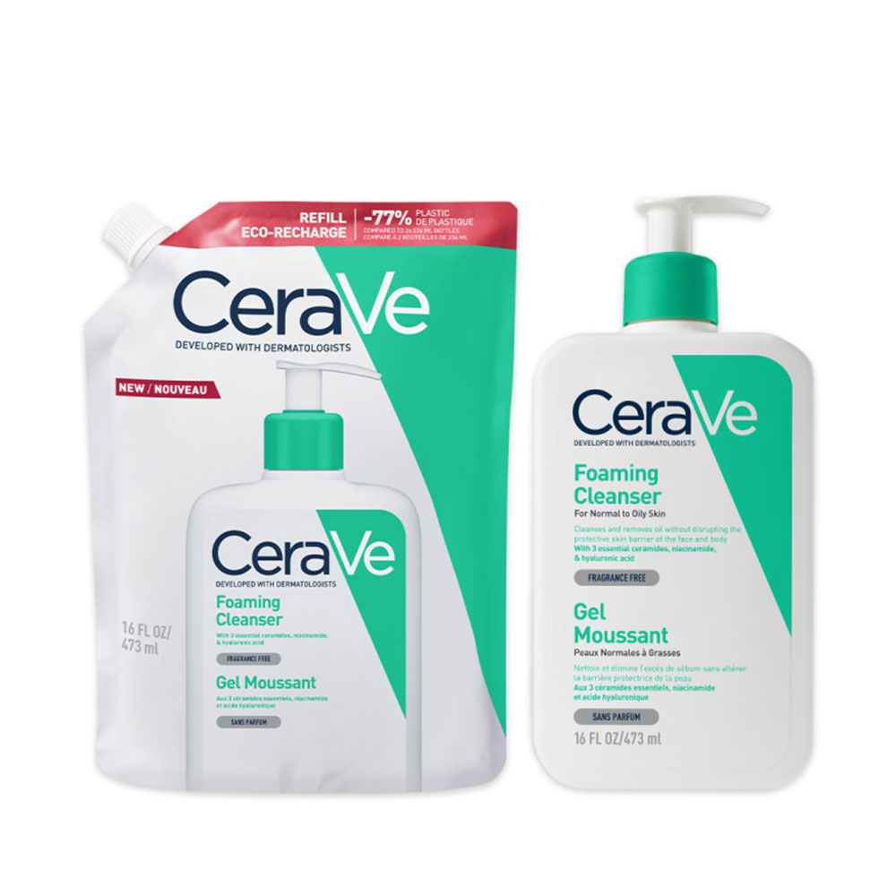 Cerave Cleanse Rostro Gel espumoso facial y cuello + recarga eco piel normal y grasa 2 x 473 ml