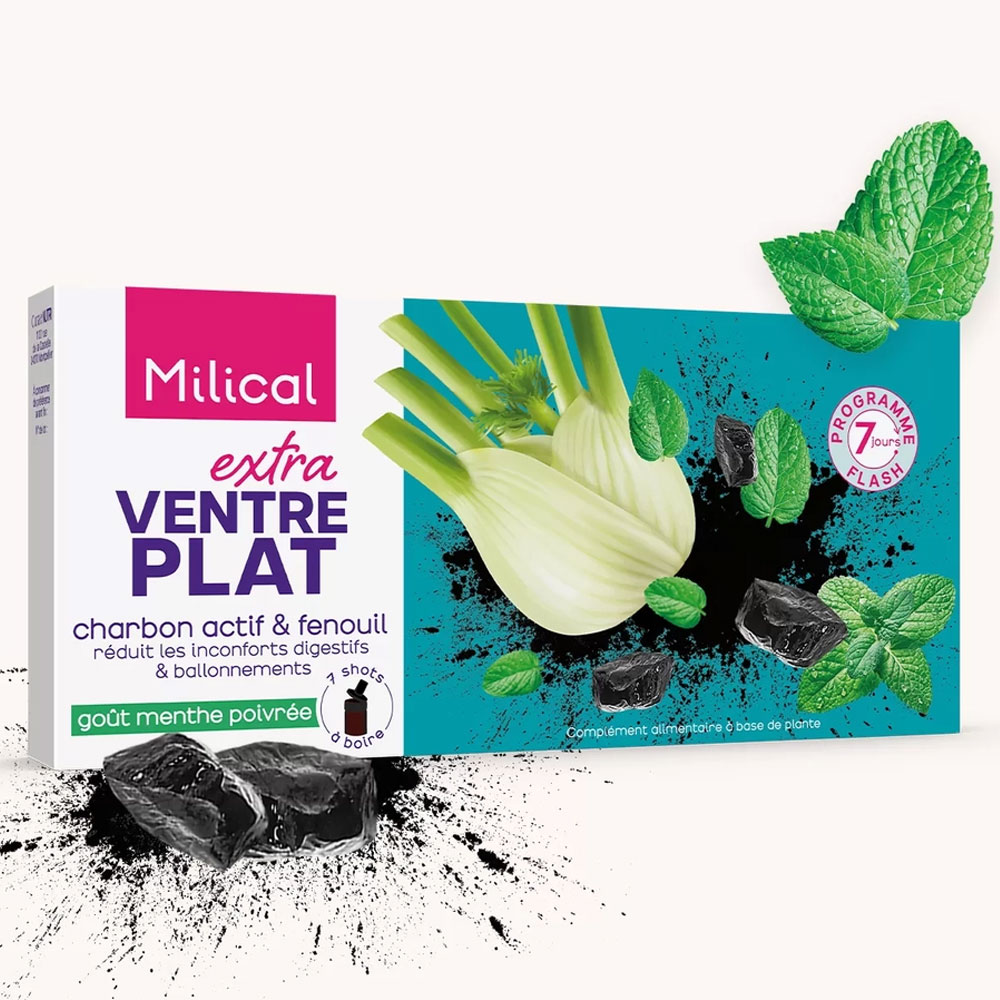 Milical Extra viente plano carbón activo sabor menta picante 7 x 10 ml