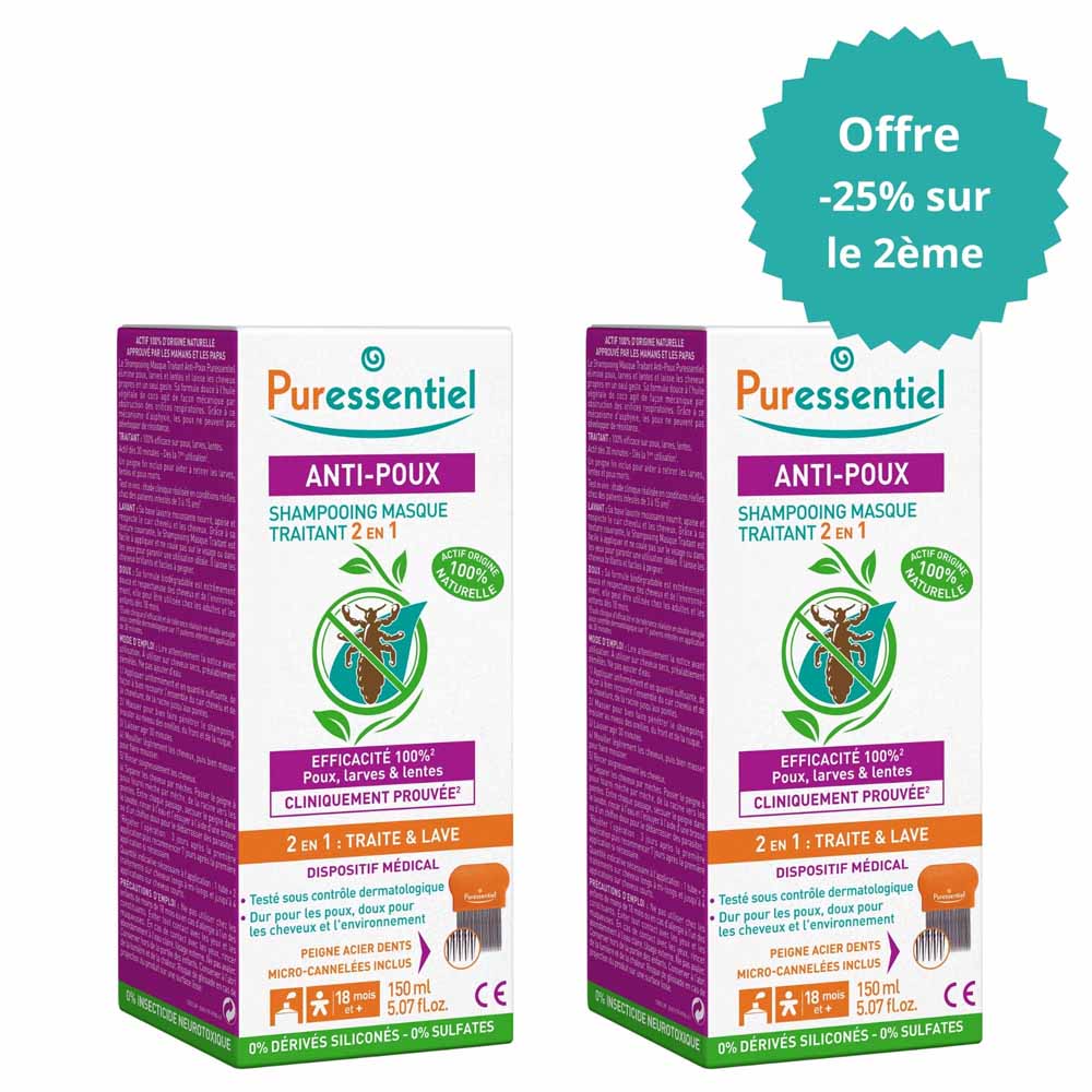 Puressentiel Antipiojos Champú Mascarilla 2en1 Antipiojos Con Peine 2x150ml