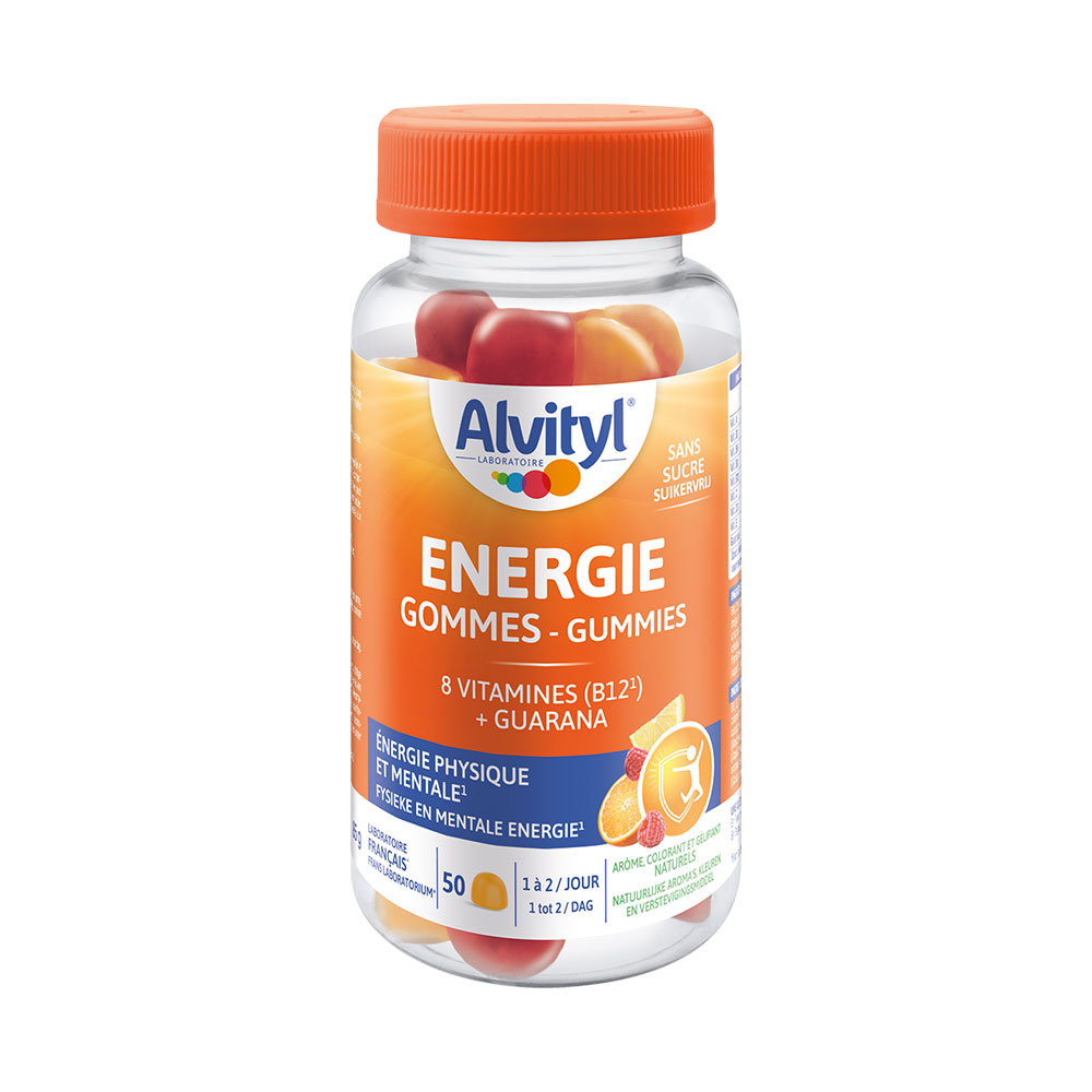 Alvityl Energía 8 vitaminas y guaraná sabor naranja, limón y frambuesa x50 gummies