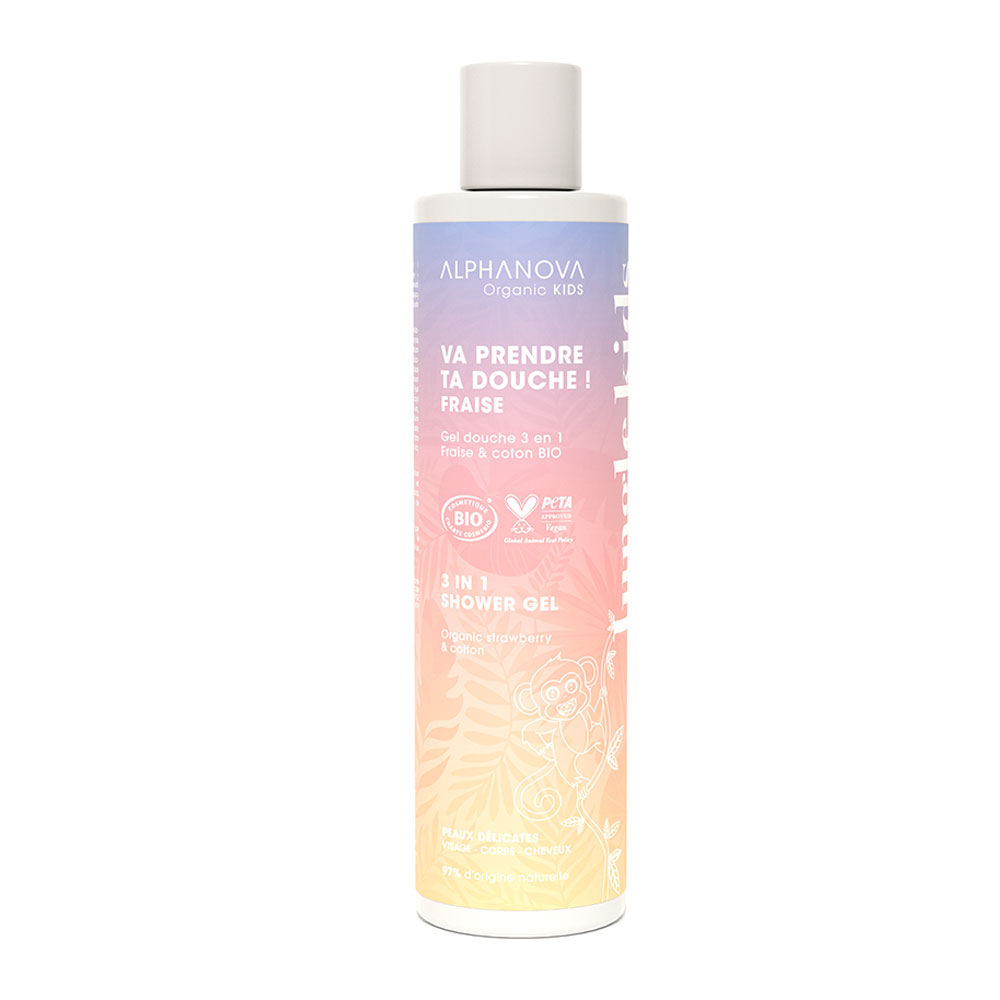Alphanova Kids 3 en 1 cabello cuerpo y rostro fresa y algodón bio 250 ml