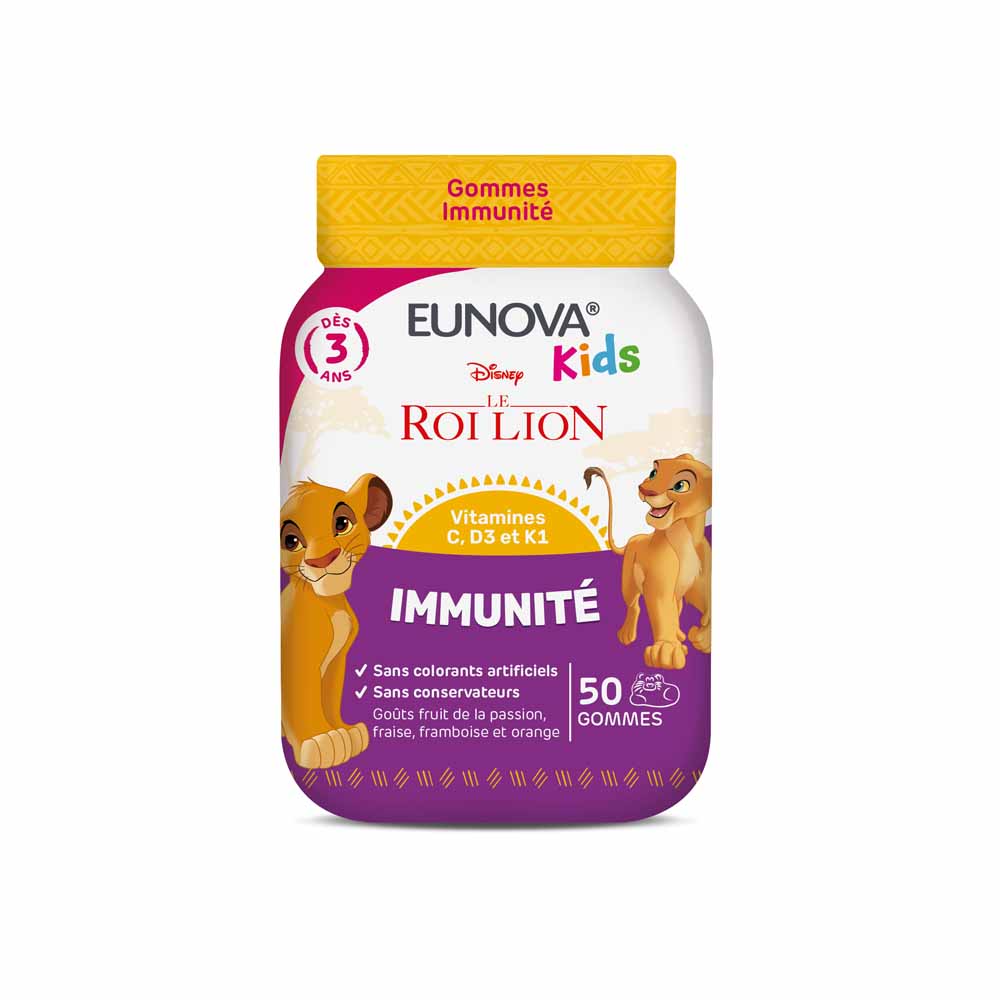 Eunova Kids Gominolas inmunidad El Rey León sabores fruta de la pasión, fresa, frambuesa y naranja 50 gominolas