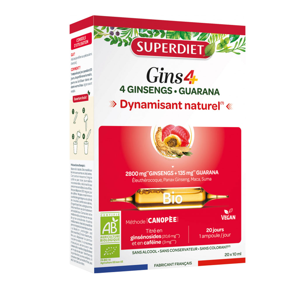 Superdiet Gins4+ 4 ginsengs y guaraná energizante natural 20 ampollas de 10 ml