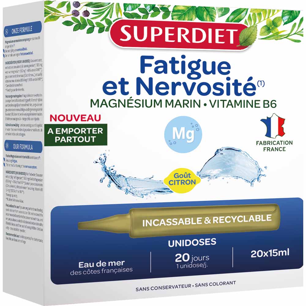Superdiet Magnesio marino Vitamina B6 Fatiga y nerviosismo 20 monodosis de 15 ml