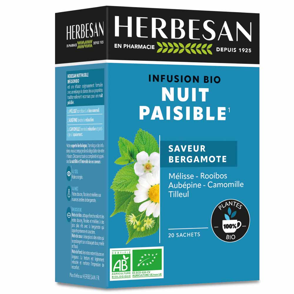 Herbesan Infusión Camomila Noche Tranquila BIO Sabor bergamota 20 sobres