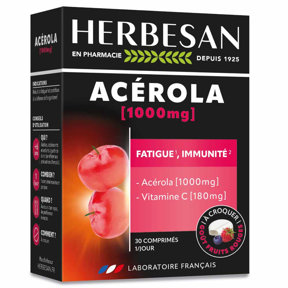 Herbesan Acerola 1000mg Vitamina C 180mg Sabor a bayas rojas 30 comprimidos