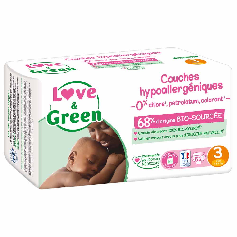 Love&Green Pañales hipoalergénicos - Talla 3 de 4 a 9 kg x52