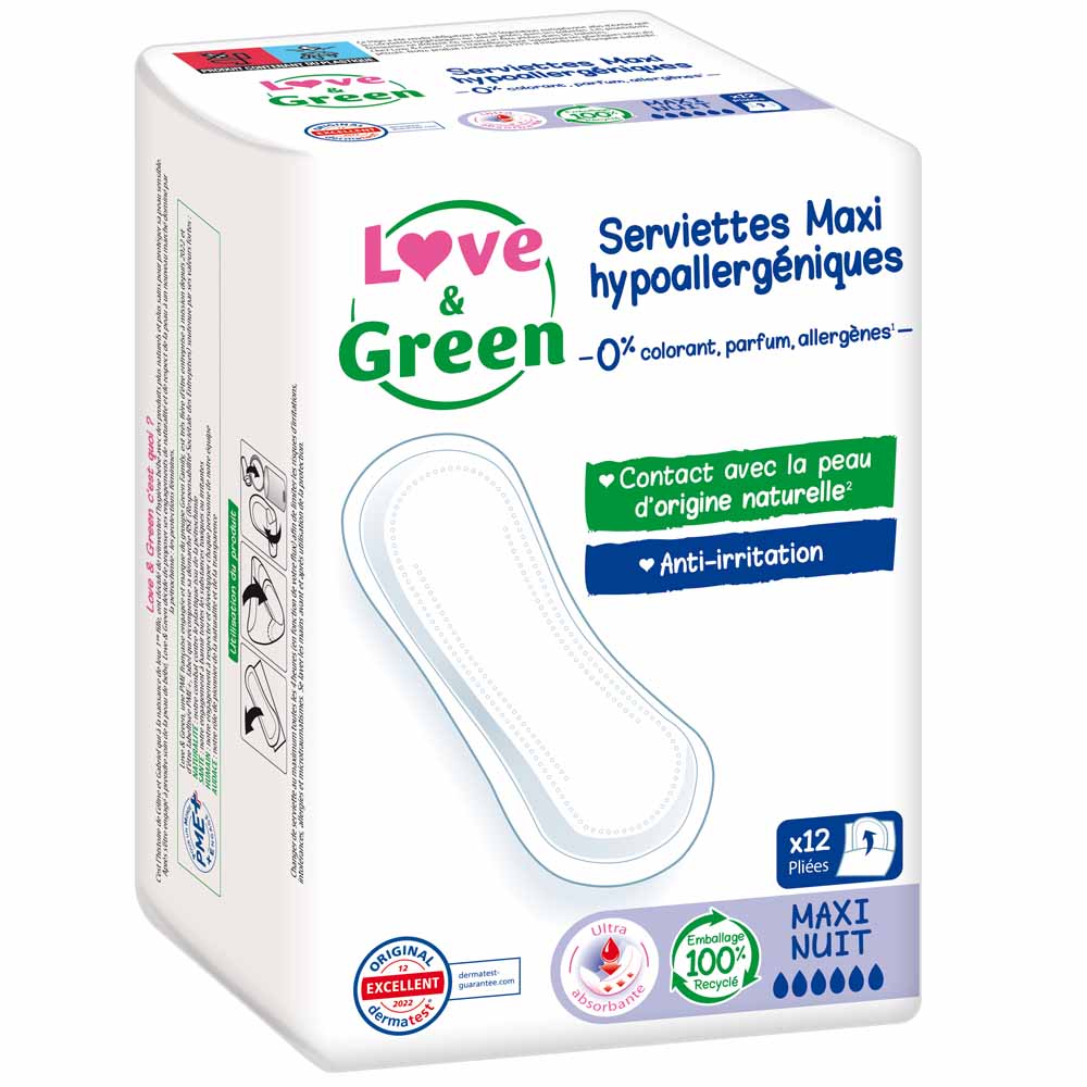 Love&Green Antiirritaciones Maxi Noche 12 Toallas