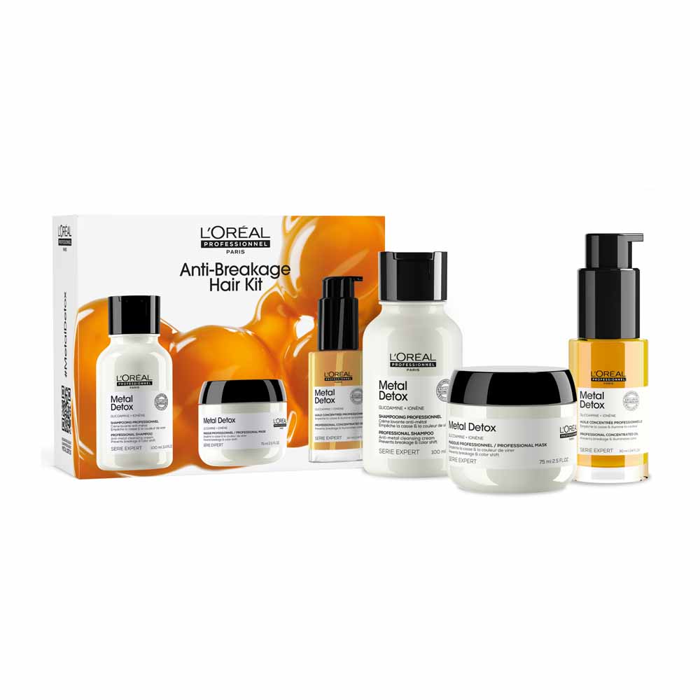 L'Oréal Professionnel Metal Detox Kit de Champú Antimetal, Mascarilla Antidepósito y Aceite Protector Cabello sensibilizado y quebradizo