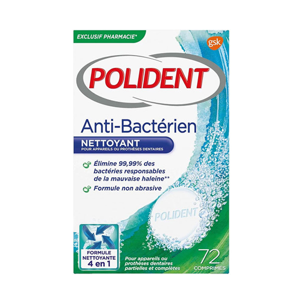 Polident Limpieza 4 en 1 antibacteriana para aparatos y prótesis dentales 72 comprimidos