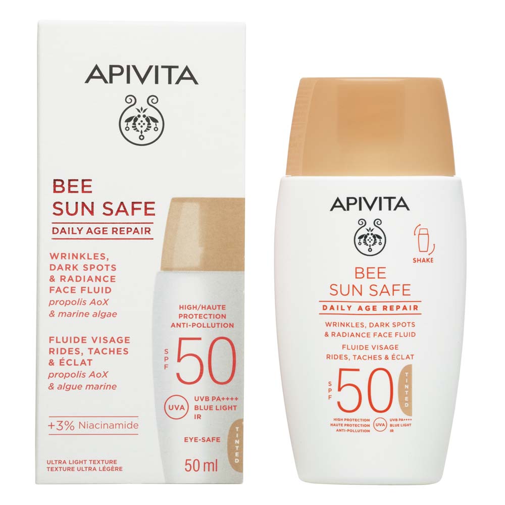 Apivita Bee Sun Safe Fluido facial arrugas, manchas y luminosidad SPF50 con color 50 ml