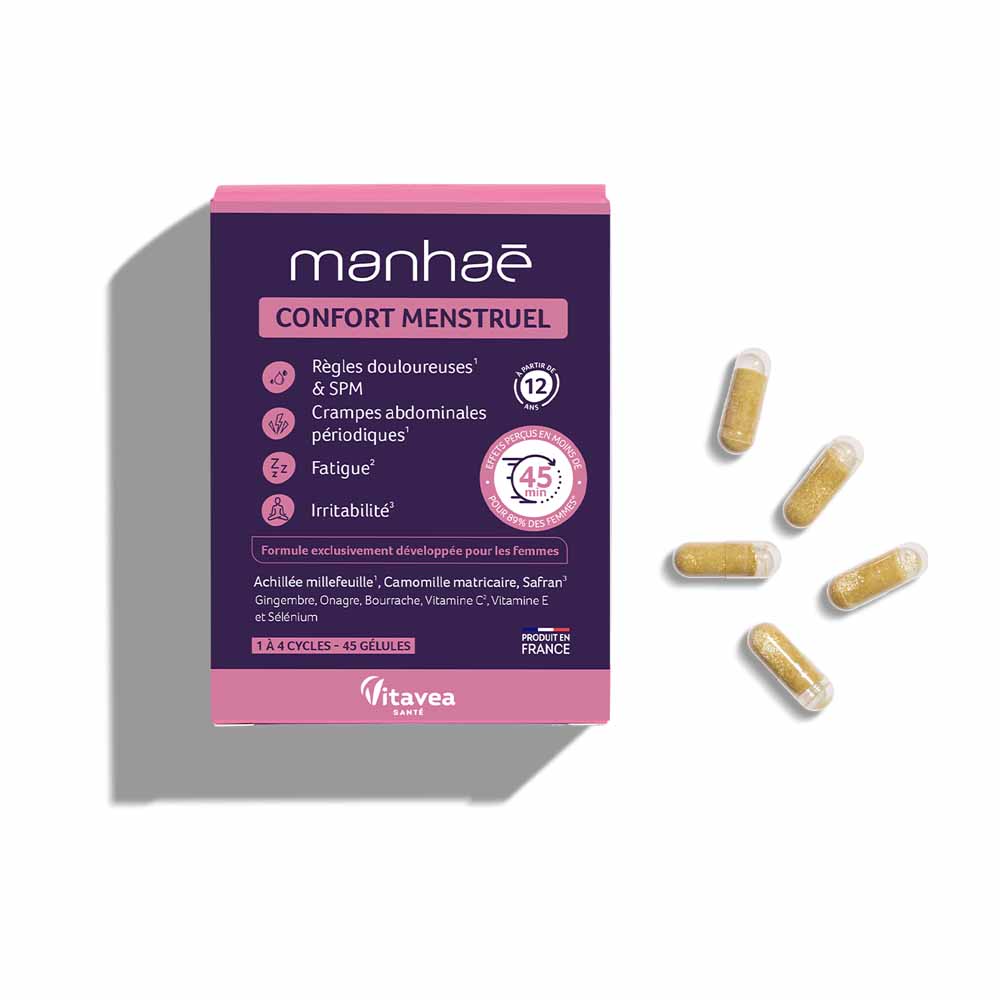 Manhaé Confort menstrual reglas dolorosas de 1 a 4 ciclos 45 cápsulas