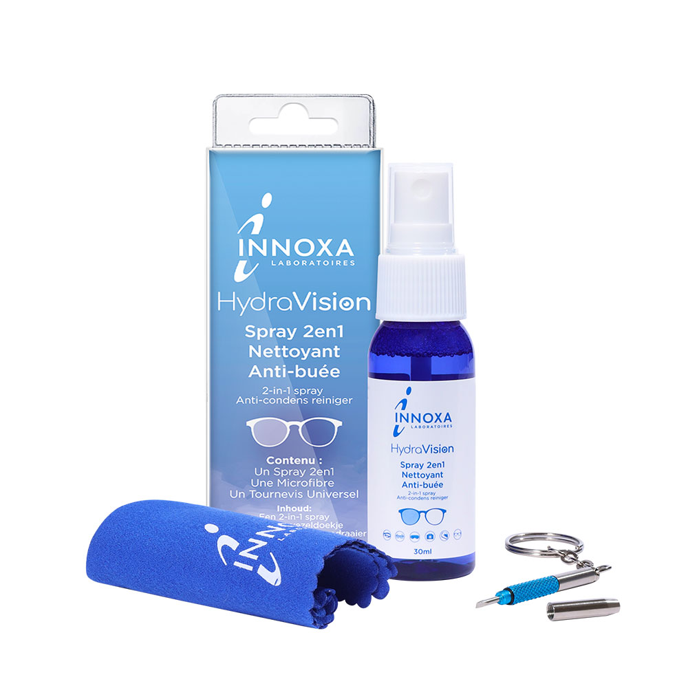 Innoxa HydraVision Spray limpiador de gafas antivaho 2en1 30ml + 1 microfibra + un destornillador universal