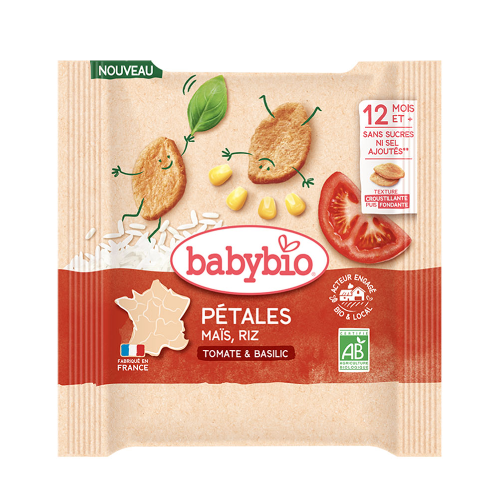 Babybio Pétalos de tomate, albahaca, maíz, arroz y garbanzos de Nueva Aquitania a partir de 12 meses 32 g