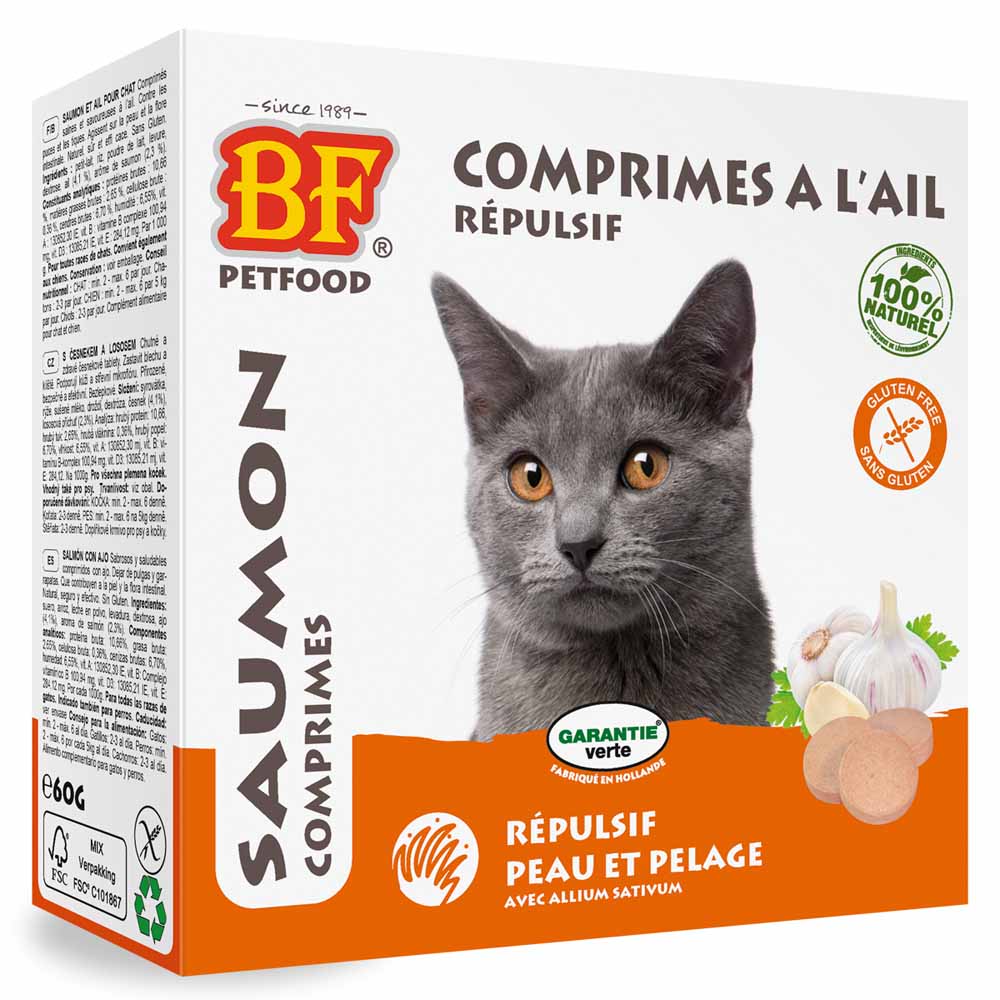 Biofood BF Petfood Ajo repelente para piel y pelaje de gatos sabor salmón 100 comprimidos