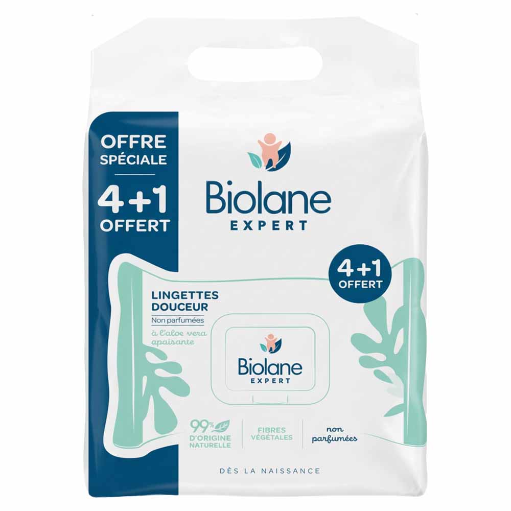 Biolane Experto Toallitas suaves sin perfume con aloe vera calmante 4 x 60 + 1 unidad gratis