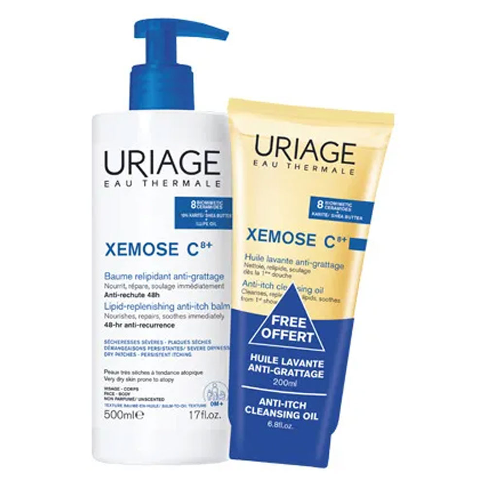 Uriage Xémose C8+ Bálsamo relipidante antiirritación 500 ml + aceite limpiador 200 ml pieles atópicas con sequedad severa