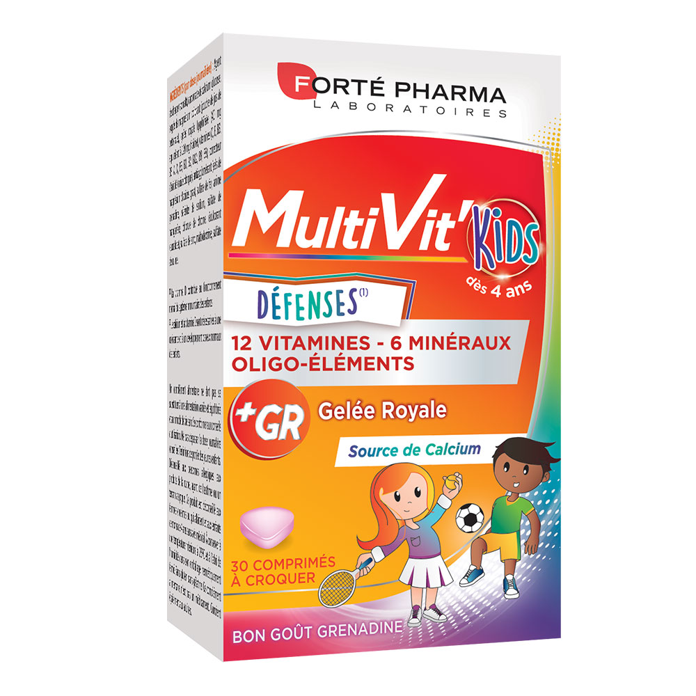 Forté Pharma MultiVit'4G Multivitaminas infantil vitaminas y minerales Kids enriquecido con calcio 30 Comprimidos Masticables