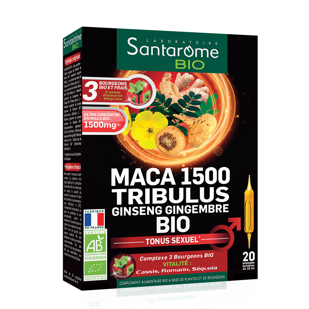 Santarome Maca 1500 Abrojo Ginseng Jengibre Bio 20 Ampollas Vigor Sexual 20 Ampoules x 10ml