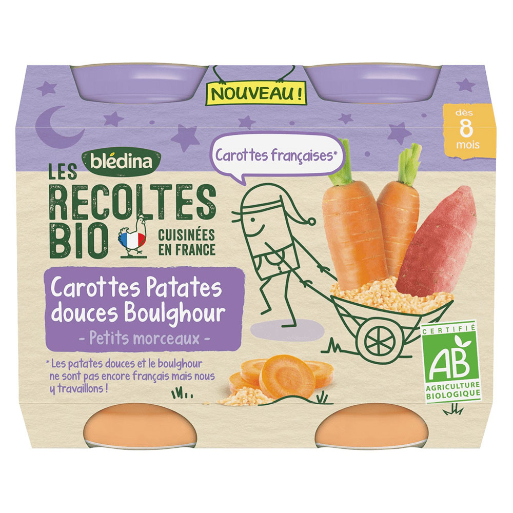 Blédina Bébé Nuit Zanahorias Boniatos Boulghour 2x200g Les Recoltes Bio A partir de 8 meses Bledina