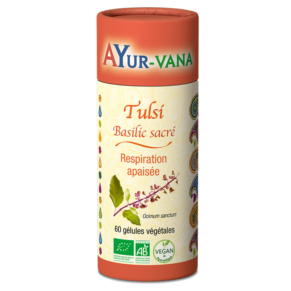 Ayur-Vana Albahaca sagrada ecológica Tulsi calma la respiración 60 cápsulas